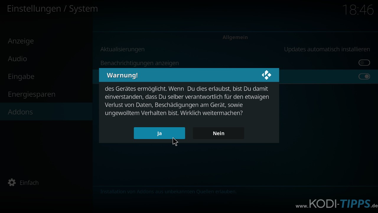 Kodi Installation aus unbekannten Quellen Aktivierung bestätigen