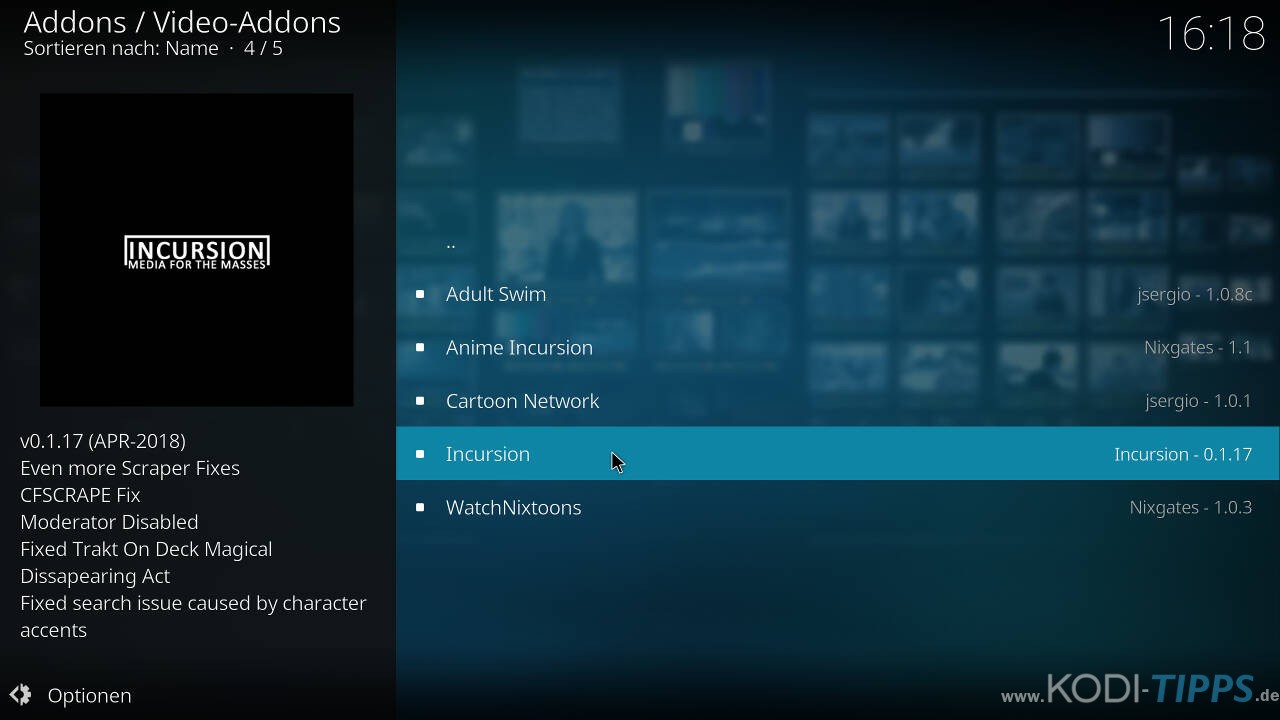 Incursion Kodi Addon herunterladen & installieren - Schritt 7