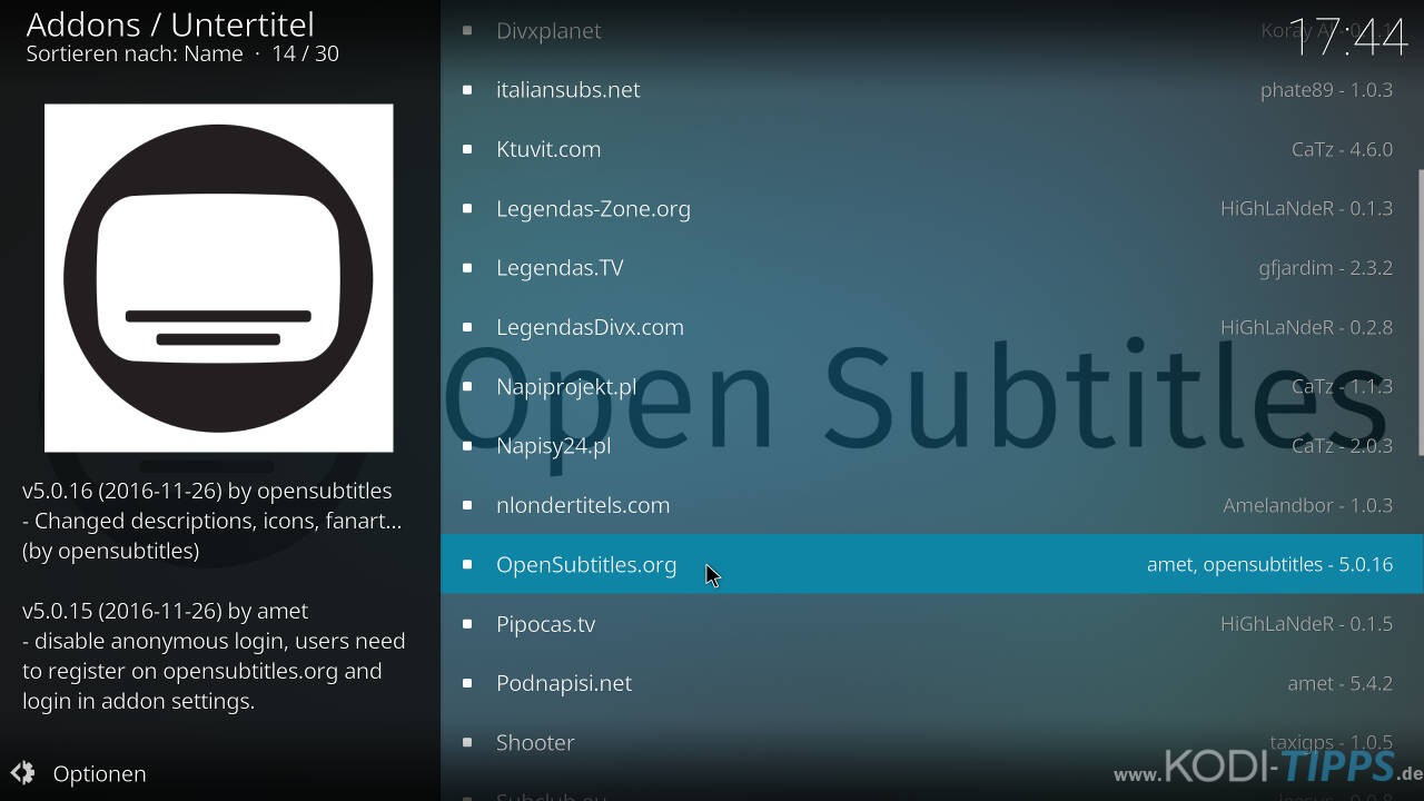 OpenSubtitles.org Kodi Addon installieren - Schritt 2