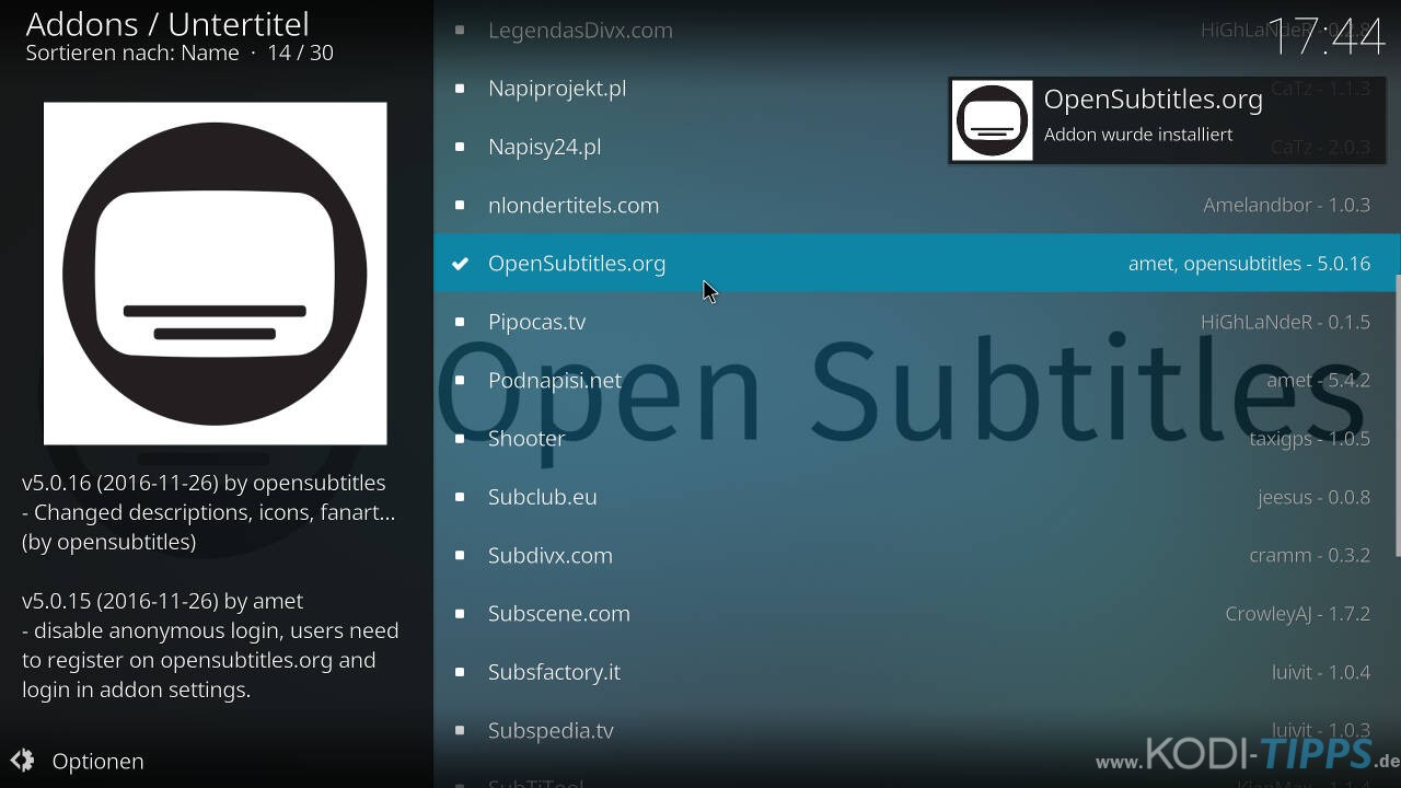 OpenSubtitles.org Kodi Addon installieren - Schritt 4