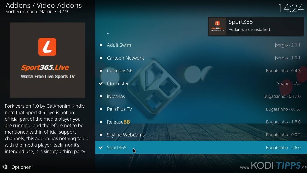 Sport 365 Kodi Addon installieren - Schritt 10