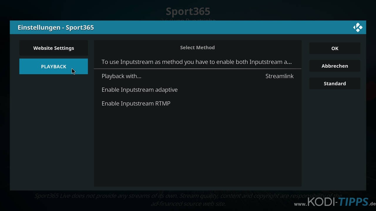 Sport 365 Kodi Addon Problembehandlung - Streams starten nicht - Schritt 2