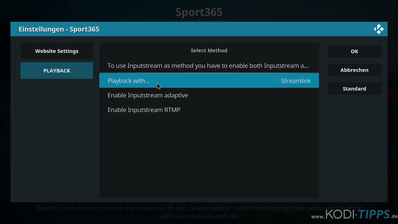 Sport 365 Kodi Addon Problembehandlung - Streams starten nicht - Schritt 3