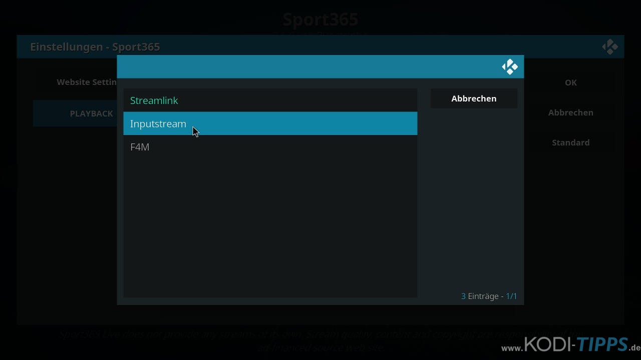 Sport 365 Kodi Addon Problembehandlung - Streams starten nicht - Schritt 4