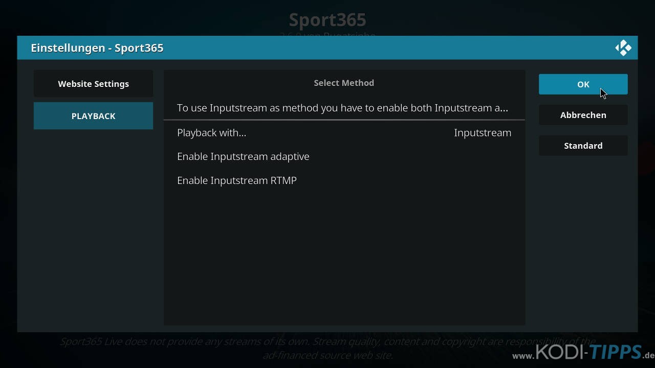 Sport 365 Kodi Addon Problembehandlung - Streams starten nicht - Schritt 5