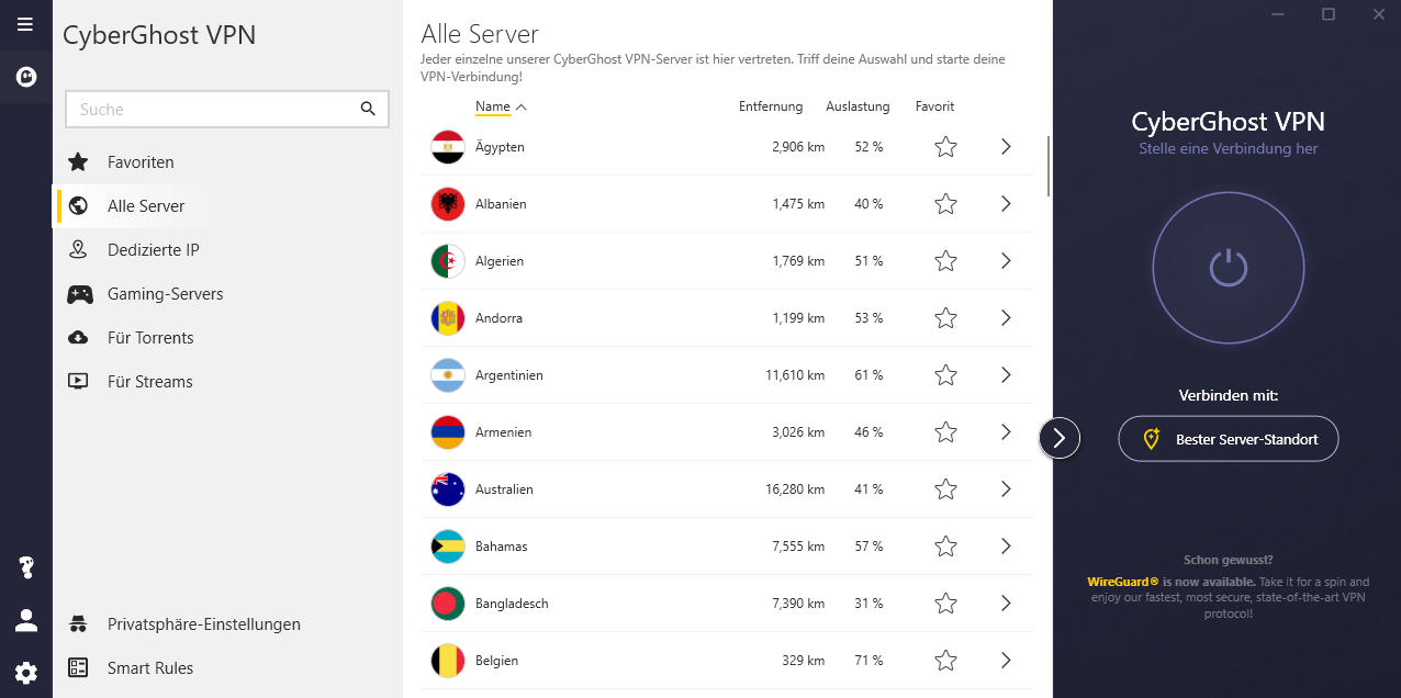 CyberGhost VPN Serverliste