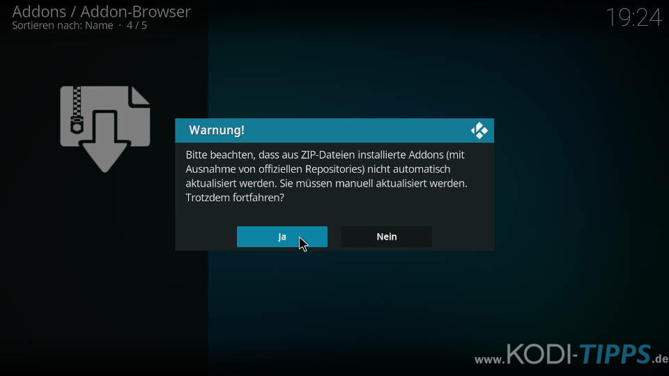 Kodi Aus ZIP-Dateien installierte Addons Meldung