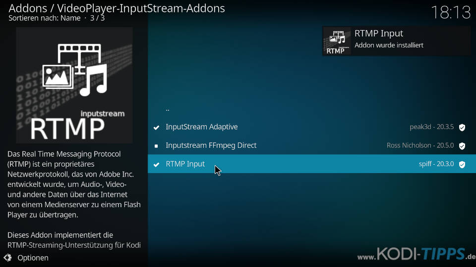Kodi InputStream Adaptive & RTMP Input installieren - Schritt 11