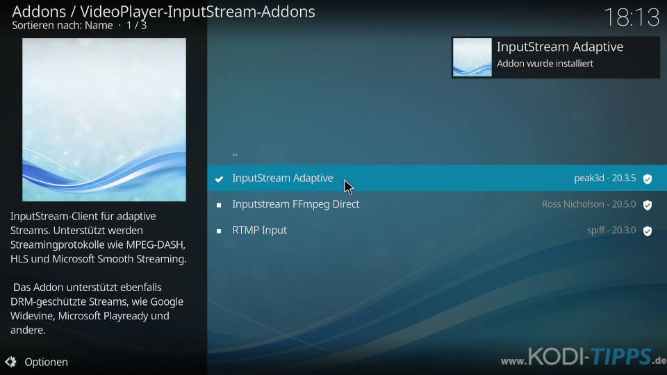 Kodi InputStream Adaptive & RTMP Input installieren - Schritt 8