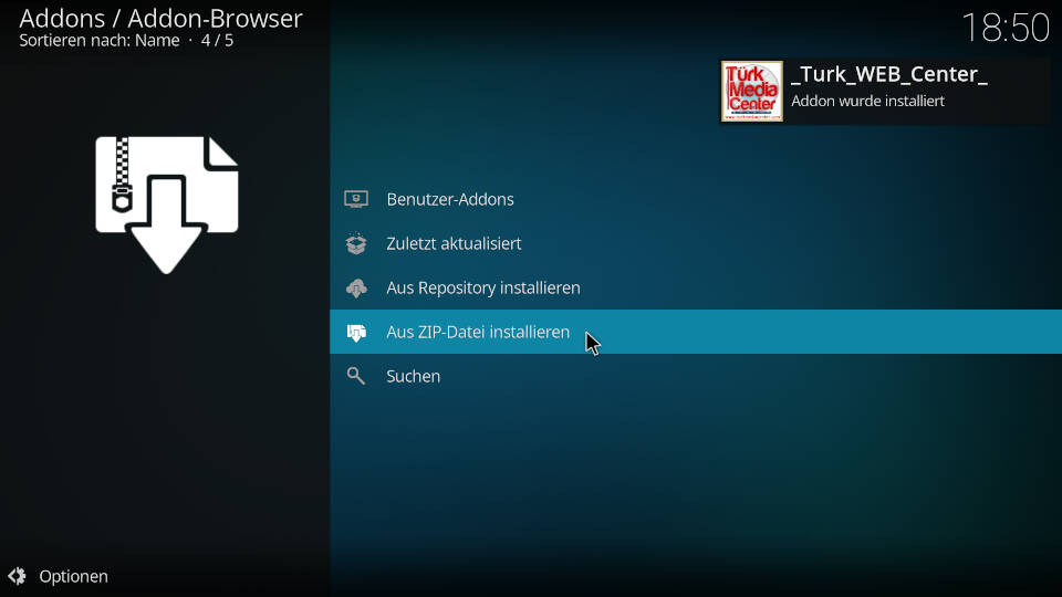 Turk Web Center Kodi Addon installieren - Schritt 4