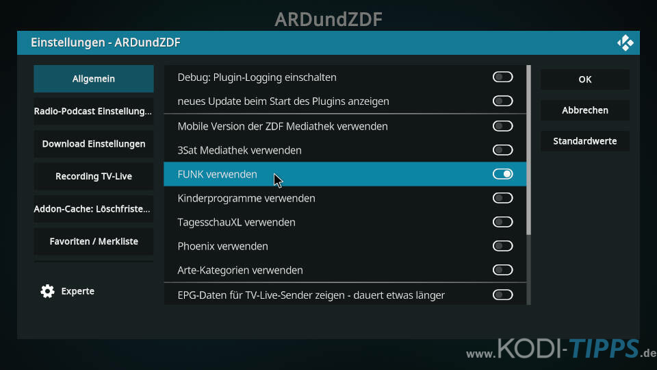 ARD und ZDF Kodi Addon - Zusätzliche Mediatheken freischalten Schritt 2