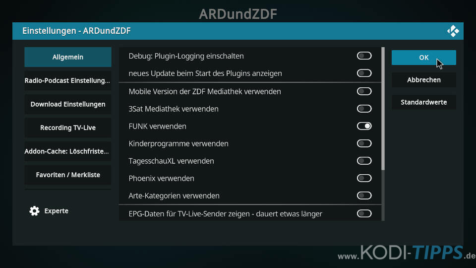 ARD und ZDF Kodi Addon - Zusätzliche Mediatheken freischalten Schritt 3