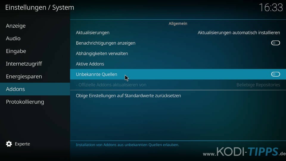 Kodi Einstellungen System Unbekannte Quellen aktivieren