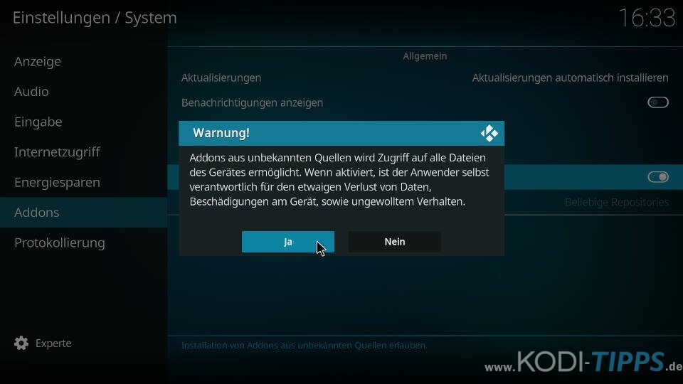 Kodi Addon Installation aus Unbekannte Quellen aktivieren - Warnung bestätigen