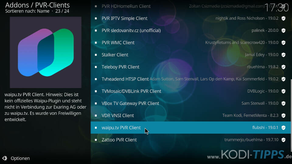 Waipu.tv PVR Client für Kodi installieren - Schritt 2