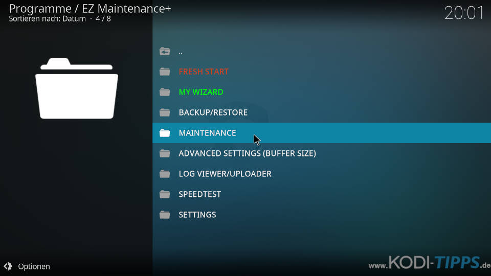 Kodi Cache mit EZ Maintenance Addon löschen - Schritt 1