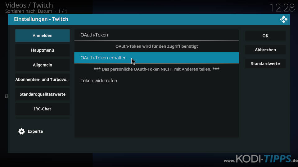 OAuth-Token für Twitch Kodi Addon erstellen - Schritt 3
