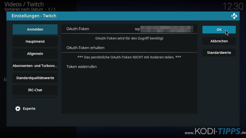 OAuth-Token für Twitch Kodi Addon erstellen - Schritt 7