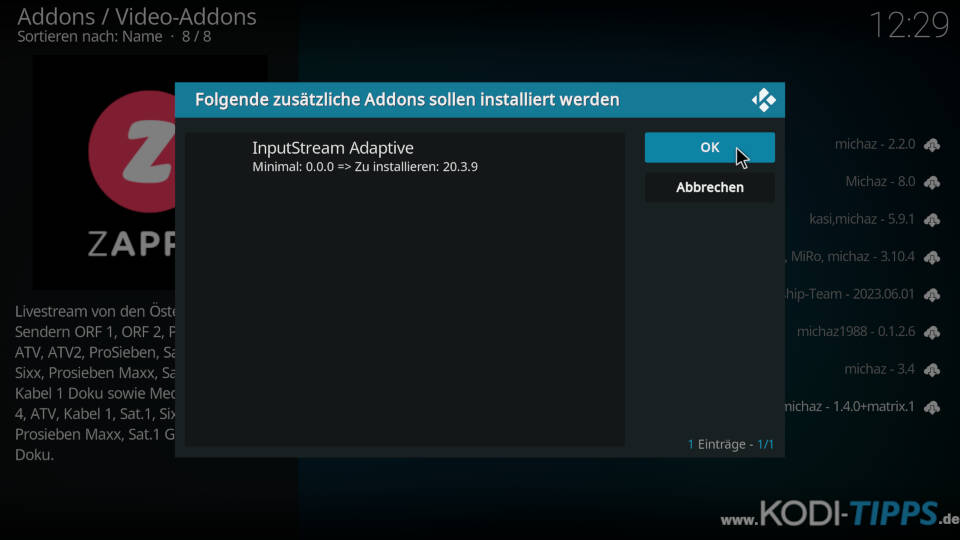 ZAPPN TV Kodi Addon installieren - Schritt 10