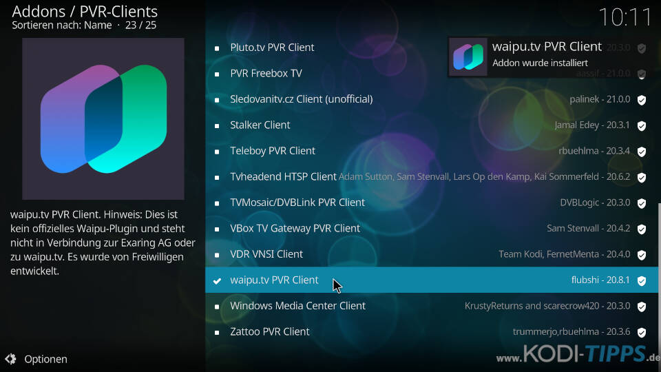 Waipu.tv PVR Client für Kodi installieren - Schritt 5