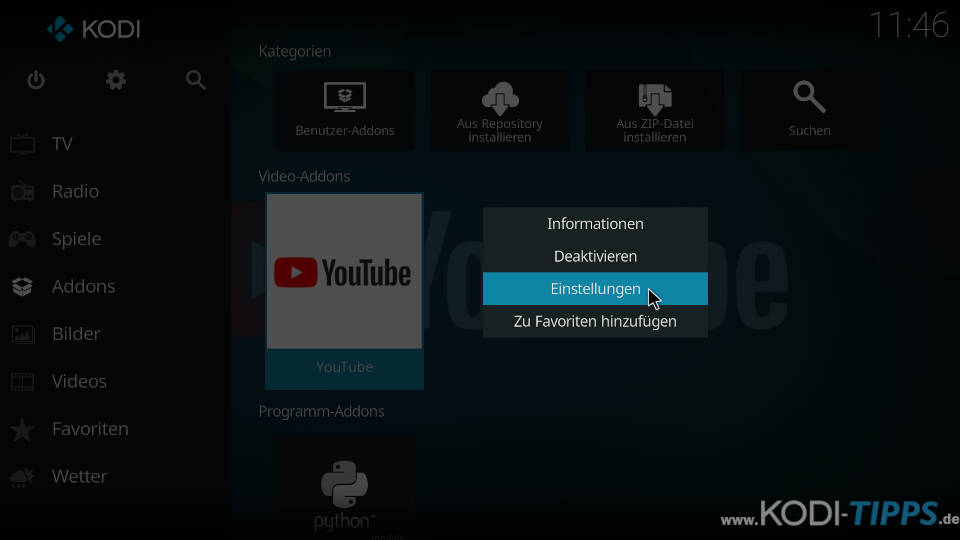 API Key im YouTube Kodi Addon eintragen - Schritt 2