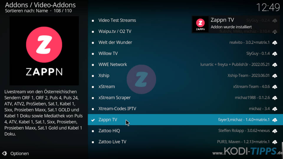 ZAPPN TV Kodi Addon installieren - Schritt 11