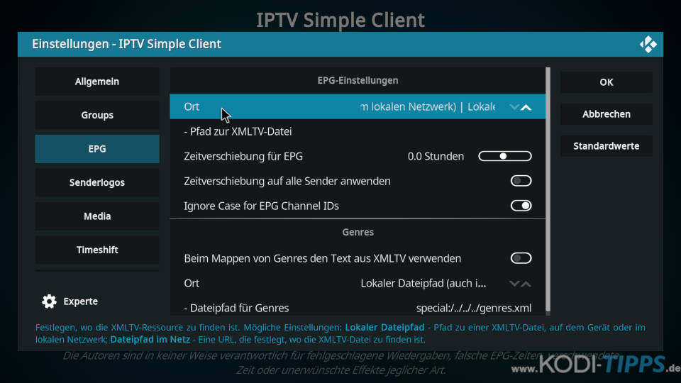 EPG-Datei im PVR IPTV Simple Client hinterlegen - Schritt 3
