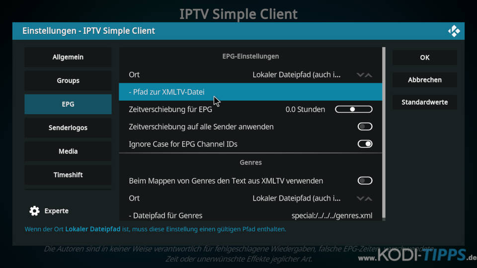EPG-Datei im PVR IPTV Simple Client hinterlegen - Schritt 4