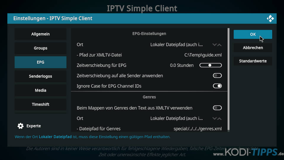 EPG-Datei im PVR IPTV Simple Client hinterlegen - Schritt 5