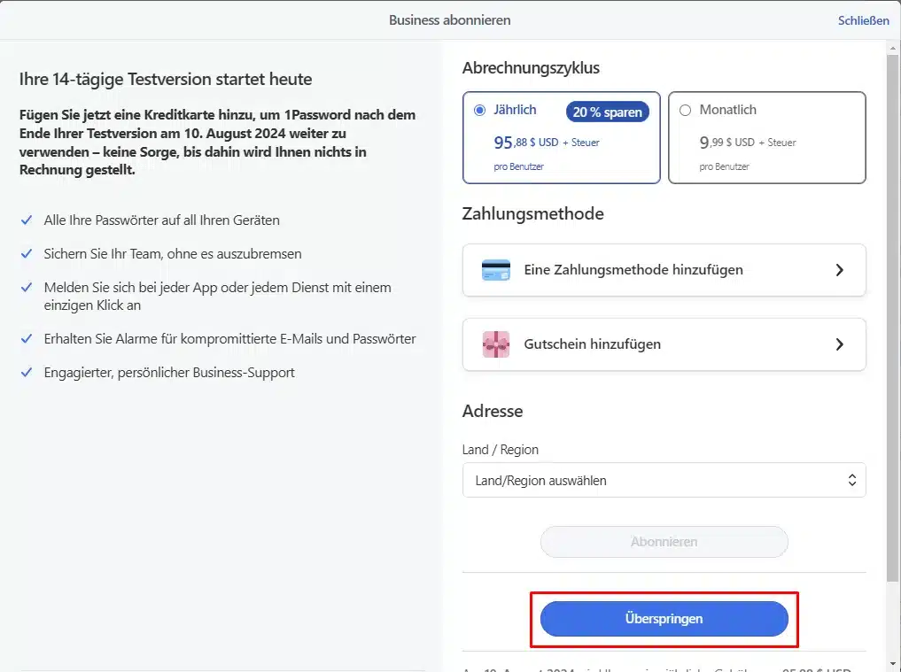 1Password Zahlungsmittel angeben